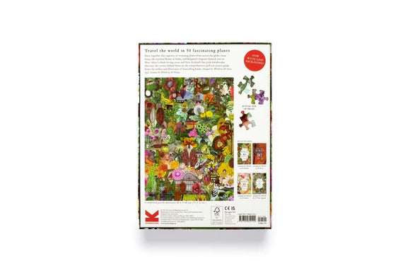 A colorful jigsaw puzzle titled 'Around the World in 50 Plants' by Laurence King Publishing. The image showcases a vibrant scene featuring various plants and flowers, with intricate illustrations that invite the viewer to explore different flora from around the globe. The back of the puzzle box highlights fun facts about each plant and the overall theme of botanical exploration.
