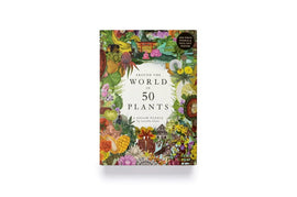 An illustrated jigsaw puzzle featuring 'Around the World in 50 Plants' by Laurence King Publishing. The vibrant cover showcases a collage of various plants and flowers, emphasizing nature's diversity. The puzzle includes 1000 pieces and a pull-out poster.