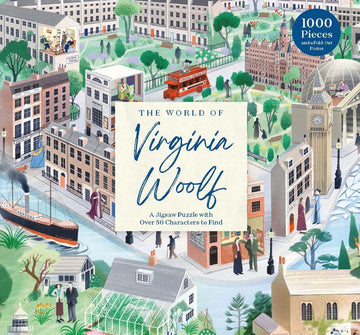 The World of Virginia Woolf jigsaw puzzle featuring a colorful, illustrated landscape inspired by Woolf's life and works. The image showcases various characters and locations related to her story, with a notable mix of vibrant buildings, parks, and iconic landmarks. The puzzle comes with 1000 pieces and includes a fold-out poster for reference.