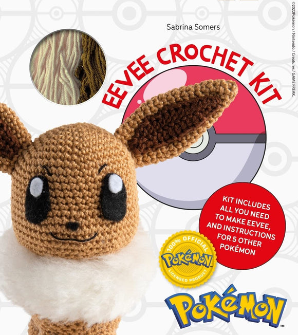 Pokemon Crochet Kit featuring Eevee. The kit includes all necessary materials and instructions to create a crochet Eevee and five other Pokémon. The image shows a close-up of the crocheted Eevee with large expressive eyes, fluffy tail, and distinct ears, set against a colorful background featuring a Pokeball graphic.