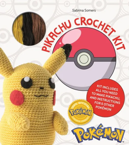 A vibrant Pokémon Crochet Kit featuring Pikachu. The kit includes yarn in various colors, an adorable crochet Pikachu toy with black beaded eyes, and a Poké Ball design in the background. Instructions provided to create Pikachu and five other Pokémon figures, showcasing a fun DIY crafting experience for fans.
