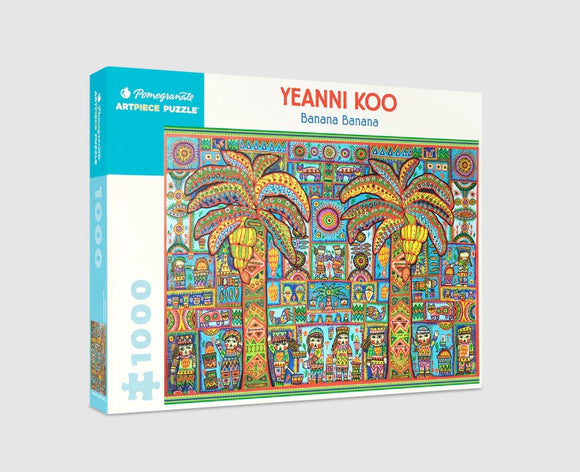 Yeanni Koo's Banana Banana jigsaw puzzle by Pomegranate featuring vibrant, colorful artwork with palm trees, figures, and intricate patterns. This 1000-piece puzzle is perfect for art lovers and puzzle enthusiasts seeking a fun challenge.