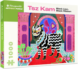 Pomegranate Artpiece Jigsaw Puzzle featuring the artwork 'Black Lion, Black Ribbon' by Tsz Kam. The design showcases a colorful black and white lion standing in a vibrant room with floral elements and decorative patterns, making it a captivating 1000-piece puzzle for art lovers and puzzle enthusiasts.