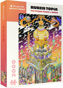 Ruben Topia: The Trippy Tower jigsaw puzzle box by Pomegranate. Features vibrant, surreal artwork of a whimsical tower with fantastical details, designed for immersive puzzling.