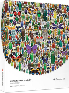 The Macrocosm Circular Jigsaw puzzle by Pomegranate features a stunning arrangement of various insects, including colorful beetles and butterflies, showcasing intricate designs and vibrant colors. This 500-piece jigsaw puzzle provides a delightful and challenging experience for puzzle enthusiasts.