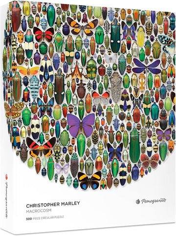 The Macrocosm Circular Jigsaw puzzle by Pomegranate features a stunning arrangement of various insects, including colorful beetles and butterflies, showcasing intricate designs and vibrant colors. This 500-piece jigsaw puzzle provides a delightful and challenging experience for puzzle enthusiasts.