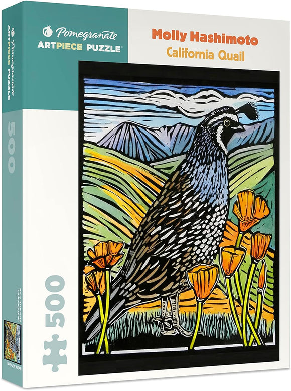 California Quail jigsaw puzzle by Pomegranate featuring a vibrant illustration by Molly Hashimoto. The puzzle depicts a California quail surrounded by orange poppies, mountains, and a stylized sky, offering a colorful and artistic experience for puzzle enthusiasts. Contains 500 pieces for a rewarding challenge.