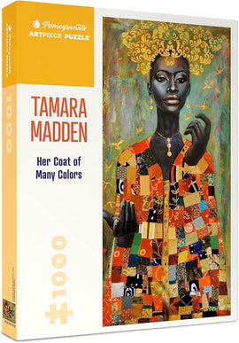 A jigsaw puzzle by Pomegranate featuring Tamara Madden's "Her Coat of Many Colors". The image depicts a woman wearing a colorful patchwork coat, adorned with intricate patterns, set against a vibrant background. It comes in a box with an illustration of the puzzle art, indicating it contains 1000 pieces.