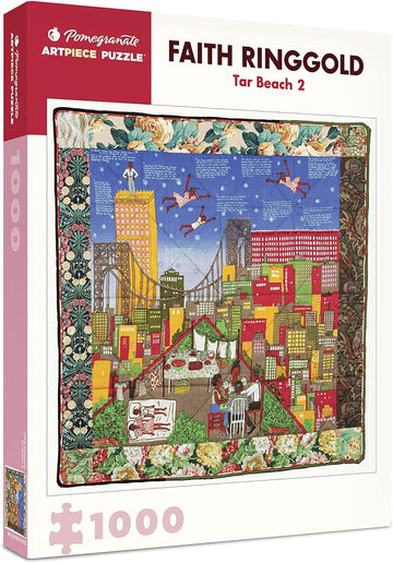Jigsaw puzzle titled 'Tar Beach 2' by Faith Ringgold, featuring a vibrant urban scene illustrating a family picnic on a rooftop, surrounded by colorful buildings and a night sky with flying figures. This 1000-piece puzzle invites creativity and relaxation.