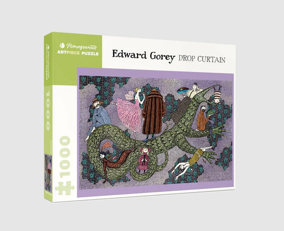 Drop Curtain jigsaw puzzle featuring whimsical characters and a serpentine figure, designed by Edward Gorey. The puzzle includes 1000 intricately illustrated pieces, packaged in a decorative box by Pomegranate.