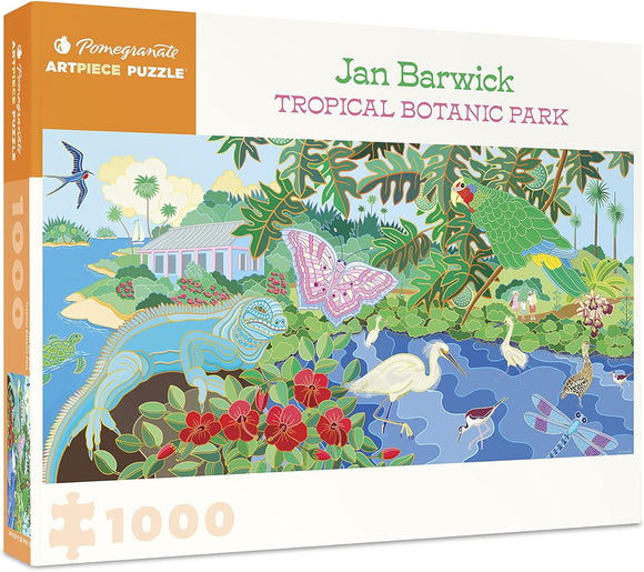 Tropical Botanic Park jigsaw puzzle by Pomegranate featuring a vibrant illustration by Jan Barwick. The image depicts a lush landscape with tropical flowers, exotic birds, butterflies, and a serene body of water, inviting puzzle enthusiasts to immerse themselves in nature's beauty with 1000 pieces.