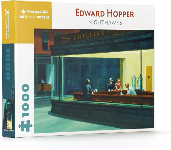 Pomegranate jigsaw puzzle depicting Edward Hopper's famous painting 'Nighthawks'. The image features a diner scene at night with four figures inside, showcasing vibrant colors and rich details. The puzzle box displays '1000 pieces', indicating the complexity and challenge of the puzzle.