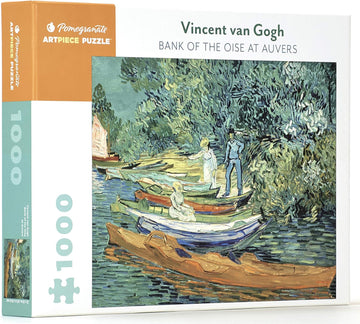 Pomegranate jigsaw puzzle featuring Vincent van Gogh's painting 'Bank of the Oise at Auvers.' The puzzle box shows a colorful scene with people in boats amidst lush greenery and water, designed for puzzle enthusiasts and art lovers.