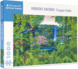 Utopia Falls jigsaw puzzle by Pomegranate featuring a vibrant illustration by Hiroo Isono. The puzzle depicts a lush, tropical landscape with a waterfall, colorful birds, and rich greenery, ideal for puzzle enthusiasts and nature lovers. Contains 1000 pieces for a challenging and engaging experience.