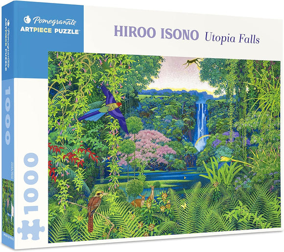 Utopia Falls jigsaw puzzle by Pomegranate featuring a vibrant illustration by Hiroo Isono. The puzzle depicts a lush, tropical landscape with a waterfall, colorful birds, and rich greenery, ideal for puzzle enthusiasts and nature lovers. Contains 1000 pieces for a challenging and engaging experience.