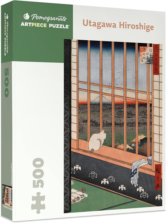 Pomegranate jigsaw puzzle featuring Utagawa Hiroshige's artwork. The box showcases a serene scene with a cat looking out a window at a landscape with lush greenery and mountains, based on the famous Japanese art style. The puzzle consists of 500 pieces, promising an engaging and beautiful challenge for art lovers and puzzle enthusiasts.