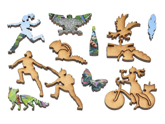 A collection of intricately designed wooden jigsaw puzzle pieces featuring various playful shapes, including silhouettes of people, animals, and nature elements, all showcasing vibrant colors and patterns indicative of outdoor activities, perfect for a fun picnic-themed puzzle experience.