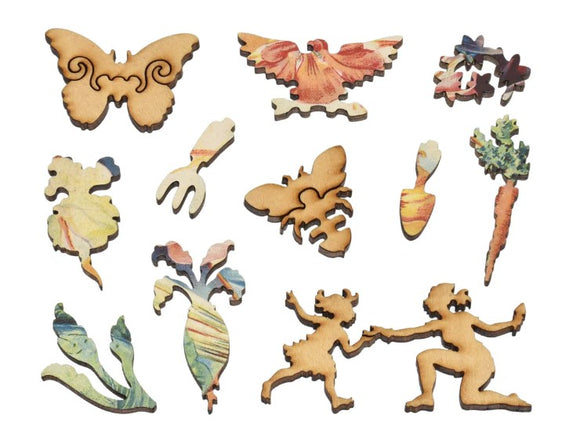 A collection of vibrant, intricately designed jigsaw puzzle pieces themed around nature and childhood, featuring a butterfly, a bee, carrots, and two children playing together. The pieces are made of wood with a colorful finish, showcasing artistic patterns.