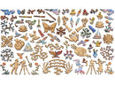 A detailed jigsaw puzzle featuring various intricate wooden pieces inspired by Monet's Studio at Giverny, showcasing shapes such as butterflies, flowers, boats, and artistic tools.