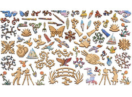A detailed jigsaw puzzle featuring various intricate wooden pieces inspired by Monet's Studio at Giverny, showcasing shapes such as butterflies, flowers, boats, and artistic tools.