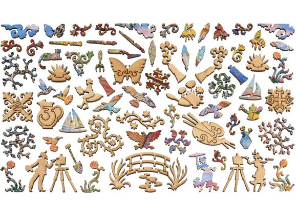 A detailed jigsaw puzzle featuring various intricate wooden pieces inspired by Monet's Studio at Giverny, showcasing shapes such as butterflies, flowers, boats, and artistic tools.