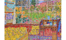 A colorful jigsaw puzzle depicting Monet's Studio at Giverny, featuring yellow patterned furniture, a wooden desk, and large windows overlooking a vibrant garden filled with various flowers and greenery.