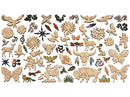 A high-quality wooden jigsaw puzzle featuring intricate cut-out shapes representing various Western themes, including animals like deer, buffalo, and butterflies, along with natural elements like sunflowers and clouds. The puzzle showcases detailed artistic designs highlighting Western heritage and nature.