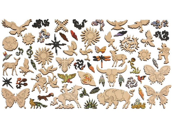 A high-quality wooden jigsaw puzzle featuring intricate cut-out shapes representing various Western themes, including animals like deer, buffalo, and butterflies, along with natural elements like sunflowers and clouds. The puzzle showcases detailed artistic designs highlighting Western heritage and nature.