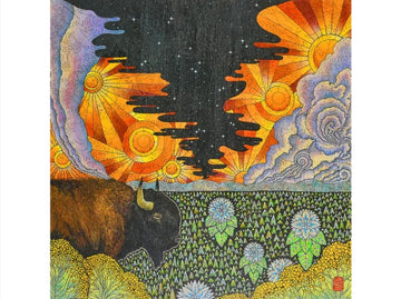 A colorful jigsaw puzzle titled 'How the West Was One' by Liberty Puzzles. The artwork features a majestic buffalo in a surreal landscape, with vibrant sunsets and swirling clouds in bright oranges, yellows, and blues, surrounded by intricate patterns of flowers and trees.