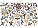 A colorful assortment of intricately shaped wooden jigsaw puzzle pieces themed around Gauguin's Studio. The pieces include figures of artists, tropical plants, and various artistic motifs, showcasing a rich palette of colors and creative designs.