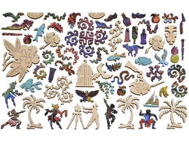 A colorful assortment of intricately shaped wooden jigsaw puzzle pieces themed around Gauguin's Studio. The pieces include figures of artists, tropical plants, and various artistic motifs, showcasing a rich palette of colors and creative designs.