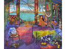A vibrant jigsaw puzzle titled 'Gauguin's Studio' depicting an artistic interior with colorful decor, tropical views, and figures. The scene includes intricate details of furniture, paintings, and lush surroundings, capturing the essence of Gauguin's artistry.