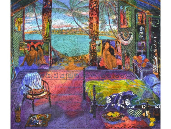 A vibrant jigsaw puzzle titled 'Gauguin's Studio' depicting an artistic interior with colorful decor, tropical views, and figures. The scene includes intricate details of furniture, paintings, and lush surroundings, capturing the essence of Gauguin's artistry.