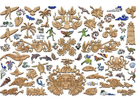 A beautifully crafted wooden jigsaw puzzle titled 'Maui' by Liberty Puzzles. The image shows various intricate and colorful puzzle pieces featuring diverse Hawaiian themes such as surfers, palm trees, dolphins, and vibrant marine life, all designed in unique shapes and patterns that reflect island culture. The puzzle promises hours of engaging fun and stunning visuals once completed.