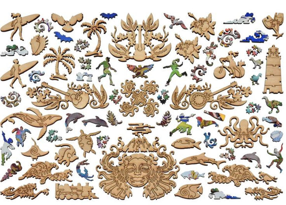 A beautifully crafted wooden jigsaw puzzle titled 'Maui' by Liberty Puzzles. The image shows various intricate and colorful puzzle pieces featuring diverse Hawaiian themes such as surfers, palm trees, dolphins, and vibrant marine life, all designed in unique shapes and patterns that reflect island culture. The puzzle promises hours of engaging fun and stunning visuals once completed.