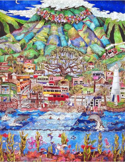 A vibrant and colorful jigsaw puzzle titled 'Maui' by Liberty Puzzles, depicting a scenic landscape with a mountain, lush greenery, a busy harbor with boats, playful dolphins, and charming houses under a bright blue sky. The intricate details showcase the beauty of Maui’s nature and culture, ideal for puzzle enthusiasts looking for a delightful and immersive experience.