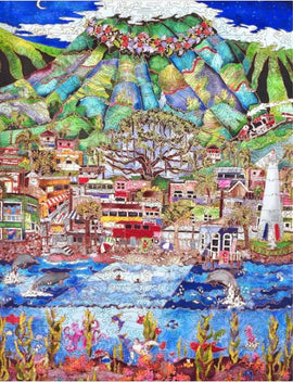 A vibrant and colorful jigsaw puzzle titled 'Maui' by Liberty Puzzles, depicting a scenic landscape with a mountain, lush greenery, a busy harbor with boats, playful dolphins, and charming houses under a bright blue sky. The intricate details showcase the beauty of Maui’s nature and culture, ideal for puzzle enthusiasts looking for a delightful and immersive experience.