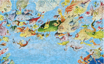 A vibrant and whimsical jigsaw puzzle titled 'A Plethora of Fish' by Liberty Puzzles, showcasing a colorful array of imaginative fish characters swimming in a blue ocean. The artwork features various fish designs with exaggerated expressions and playful features, set against a bright sky, creating a lively underwater scene.