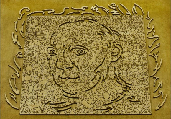 A wooden jigsaw puzzle depicting the artistic likeness of Pablo Picasso, intricately designed with various cut-out shapes forming his face, surrounded by stylized patterns. The puzzle pieces include detailed imagery reflecting Picasso's work, creating an engaging and interactive art piece.