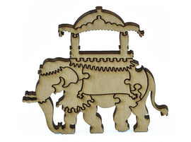 A detailed wooden jigsaw puzzle shaped like an elephant, featuring intricate cut-out designs and a decorative canopy on its back. The elephant stands proudly, showcasing its trunk, ears, and body, all crafted from natural wood. Ideal for puzzle enthusiasts and wildlife lovers.