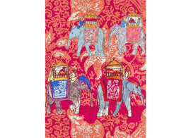 A vibrant jigsaw puzzle featuring elephants adorned with colorful decorations and riders. The background is a rich pattern in shades of pink and orange, enhancing the artwork's lively feel. Each elephant is artistically rendered, showcasing intricate designs that make this puzzle visually captivating.