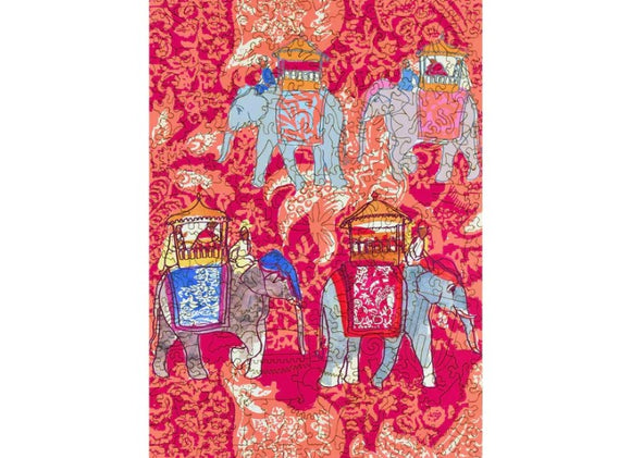A vibrant jigsaw puzzle featuring elephants adorned with colorful decorations and riders. The background is a rich pattern in shades of pink and orange, enhancing the artwork's lively feel. Each elephant is artistically rendered, showcasing intricate designs that make this puzzle visually captivating.