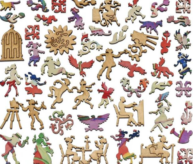 Colorful jigsaw puzzle pieces depicting artistic shapes including birds, human figures, flowers, and whimsical designs, ideal for puzzle enthusiasts. The pieces are made of wood and show a variety of vibrant colors.