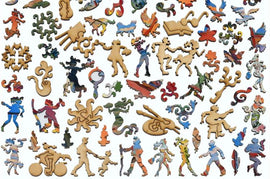 A vibrant assortment of intricate jigsaw puzzle pieces from the Matisse's Studio puzzle by Liberty Puzzles. The pieces showcase colorful designs and playful shapes, including human figures, abstract forms, and intricate patterns, creating a dynamic collage that highlights the artistic style reminiscent of Matisse.