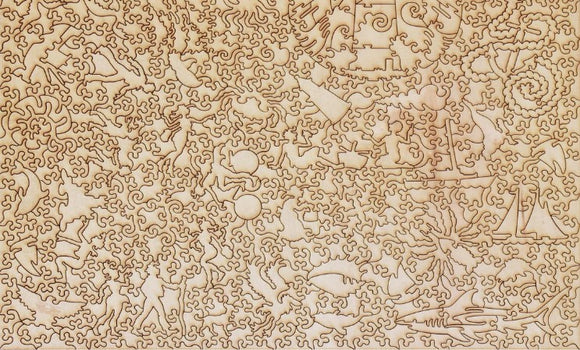 Intricate jigsaw puzzle named Nantucket by Liberty Puzzles, featuring a variety of whimsical shapes including animals, boats, and abstract designs, all crafted from quality wood for a delightful challenge.