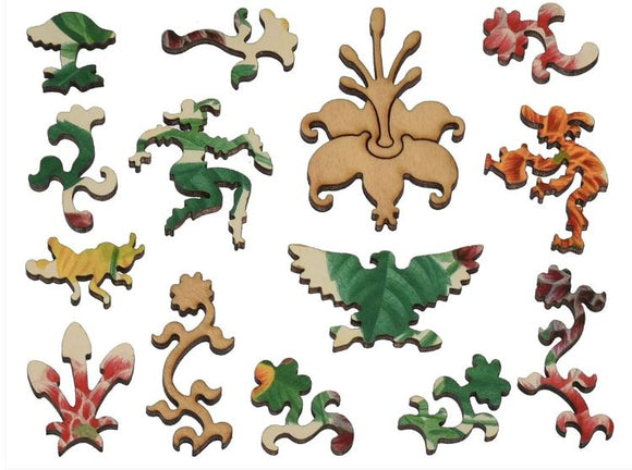 A vibrant assortment of wooden jigsaw puzzle pieces inspired by dahlias, showcasing intricate designs and colorful patterns. The pieces feature floral and abstract shapes, crafted from high-quality wood, perfect for a challenging and enjoyable puzzle experience.