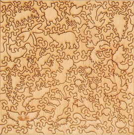 A wooden jigsaw puzzle titled 'Baby Steps' made by Liberty Puzzles. The puzzle features intricate cut-out shapes of animals, leaves, and natural elements, showcasing a smooth natural wood finish. Ideal for puzzle enthusiasts and families seeking a fun, engaging activity.