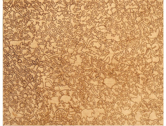 A detailed wooden jigsaw puzzle depicting a mountainous landscape scene with intricate, whimsical cutouts including animals and trees. The puzzle features a wood-burned design that enhances the visual appeal, making it both a challenging and an artistic piece suitable for puzzle enthusiasts.