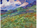 A colorful jigsaw puzzle depicting a mountainous landscape inspired by Vincent van Gogh's style. The scene features vibrant green hills, a dramatic sky with swirling clouds, and a serene rural setting, perfect for puzzle enthusiasts.
