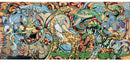 A colorful jigsaw puzzle titled 'The Painting of Life' by Liberty Puzzles. The artwork features an abstract composition of swirling shapes, intricate designs, and vibrant colors, depicting a blend of nature and fantasy elements, including birds, foliage, and flowing lines.